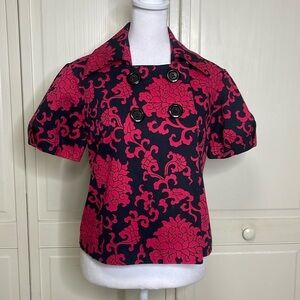 DM New York Women’s Blazer Top Pink/Black Floral Pattern Size 8 Puff Sleeves